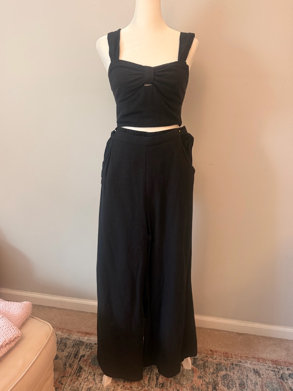 Black Wide-Leg Linen blend Crop Top & Pants Set - Women's Two-Piece